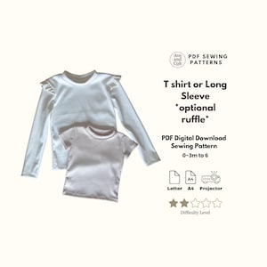 May include: Two t-shirts, one white long-sleeved with ruffle detail, the other light pink and short-sleeved. Text reads: "T shirt or Long Sleeve *optional ruffle* PDF Digital Download Sewing Pattern 0-3m to 6".