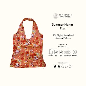 Op de afbeelding: Een naaipatroon voor een haltertop met een bloemenprint in oranje, rood en wit. Het patroon is voor de maten XS, S, M, L en XL. De tekst op de afbeelding luidt "Summer Halter Top" en "PDF Digital Download Sewing Pattern".