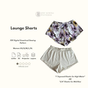 May include: Two pairs of lounge shorts are displayed. One pair features a floral pattern with purple and yellow hues on a white background. The other pair is a solid light beige color. Text on the image reads "Lounge Shorts" and "PDF Digital Download Sewing Pattern".
