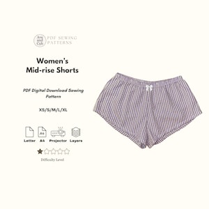 May include: A pair of mid-rise shorts with vertical stripes in shades of purple and white. The shorts have a small white bow at the front and are part of a PDF sewing pattern. The pattern includes sizes XS to XL.