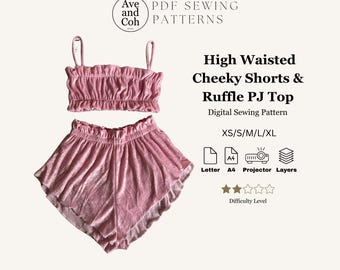 Ruffle Bandeau Top and Cheeky Shorts Pajama Set PDF Sewing Pattern DIY Pj set womens