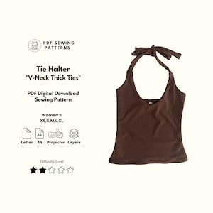 May include: A brown tie halter top with a V-neck and thick ties. The image includes text that reads "Tie Halter *V-Neck Thick Ties*" and "PDF Digital Download Sewing Pattern". The pattern is available in sizes XS, S, M, L, and XL.