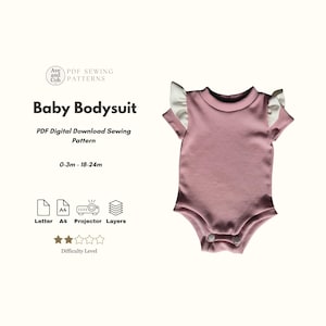 May include: A pink baby bodysuit with white ruffled sleeves. The bodysuit has a ribbed texture and snap closures. Text on the image reads "Baby Bodysuit" and "PDF Digital Download Sewing Pattern". The size range is 0-3m to 18-24m.