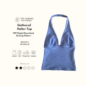May include: A light blue gathered halter top. The top has a deep V-neck and a halter-style neckline. The image also includes text that reads "Gathered Halter Top PDF Digital Download Sewing Pattern" and "Women's XS, S, M, L, XL".