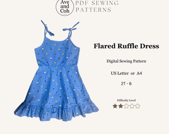 Vestido de verano con tirantes y volantes, patrón de costura en PDF, descarga digital, patrón de vestido de verano para tallas 2T-6, conjunto de vestido de verano