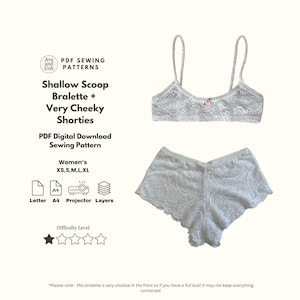 May include: A white lace bralette and very cheeky shorties set. The set includes a PDF digital download sewing pattern. The text on the image reads "Shallow Scoop Bralette + Very Cheeky Shorties" and "Women's XS, S, M, L, XL".