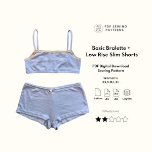 May include: A light blue bralette with thin straps and lace trim paired with matching low rise slim shorts. Text reads: Ave and Coh PDF SEWING PATTERNS, Basic Bralette + Low Rise Slim Shorts, PDF Digital Download Sewing Pattern, XS,S,M,L,XL, and two stars.
