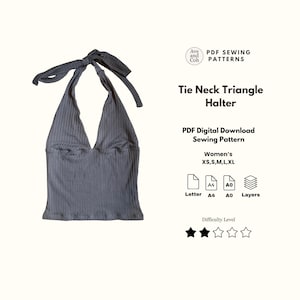 May include: A gray tie-neck triangle halter top with a ribbed texture. The image includes text that reads "Tie Neck Triangle Halter" and "PDF Digital Download Sewing Pattern". The pattern is available in sizes XS, S, M, L, and XL.