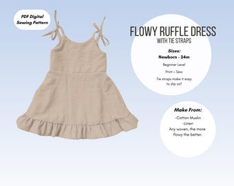 Flowy Sun Dress with Tie Straps and Ruffle Hem, PDF Sewing pattern, digital download, 0-24m sun dress, summer dress pattern