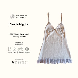 May include: A white nightgown with delicate lace trim and spaghetti straps. The garment features a V-neckline and a small bow detail. The image also includes text that reads "Simple Nighty" and "PDF Digital Download Sewing Pattern".