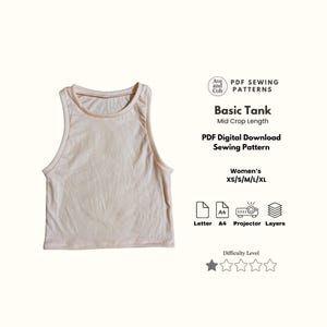 May include: A light peach-colored basic tank top with a mid-crop length, displayed on a light background. The image includes text indicating it's a PDF sewing pattern for women's sizes XS to XL. The difficulty level is indicated by one star.