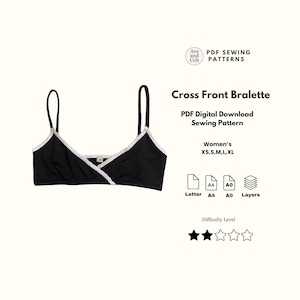 Op de afbeelding: Een zwarte bralette met dunne bandjes en witte kanten afwerking langs de halslijn. De tekst luidt: Ave and Coh PDF SEWING PATTERNS, Cross Front Bralette, PDF Digital Download Sewing Pattern, XS,S,M,L,XL, Letter, A4, A0, Layers, Difficulty Level.