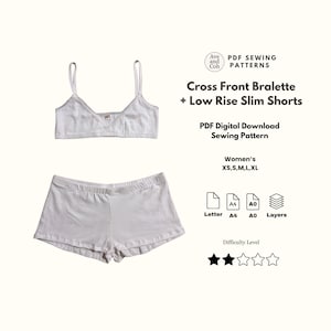 May include: A white bralette with thin straps and a cross-front design paired with low-rise slim shorts. The text reads Ave and Coh PDF Sewing Patterns, Cross Front Bralette + Low Rise Slim Shorts, PDF Digital Download Sewing Pattern, XS,S,M,L,XL.