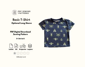Patrón de costura digital en PDF para camiseta básica para bebés y niños pequeños de 0 a 3 meses hasta la talla 5T (manga larga o corta).