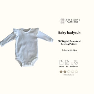 May include: White baby bodysuit with long sleeves and ruffle details on the shoulders. The text on the image reads "Baby bodysuit" and "PDF Digital Download Sewing Pattern". The size range is 0-3m to 18-24m.