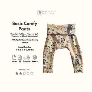 May include: Baby pants in tan with a bear and mushroom print. The trousers have a foldover waistband and are designed for babies and toddlers aged 0-18 months. The image includes text that reads "Basic Comfy Pants" and "PDF Digital Download Sewing Pattern."