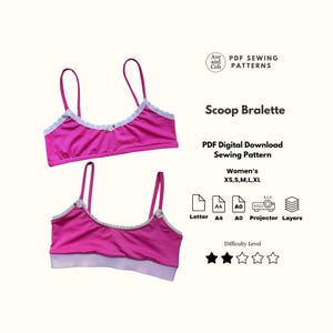 May include: Two bright pink bralettes with thin straps and light purple lace trim along the scoop neckline. Each features a small floral accent. Text includes Ave and Coh PDF Sewing Patterns, Scoop Bralette, PDF Digital Download, XS, S, M, L, XL, and icons for Letter, A4, A0, Projector, Layers, and a two-star difficulty level.