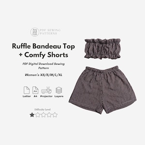 Women&#39;s Ruffle Bandeau Top and Comfy Shorts Sewing Pattern PDF Digital Pattern PJ Set Two Piece