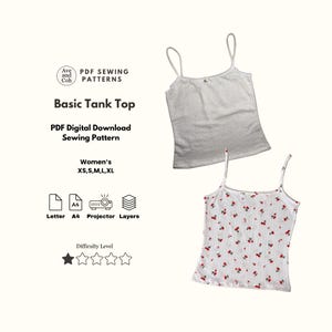 Könnte beinhalten: Zwei Tanktops werden gezeigt. Eines ist einfarbig hellgrau, das andere ist weiß mit einem roten Kirschmuster. Das Bild enthält den Text: "Basic Tank Top" und "PDF Digital Download Sewing Pattern". Das Muster ist in den Größen XS, S, M, L und XL erhältlich.