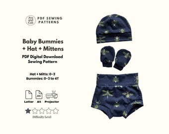 Baby Bummies, Hat and Mittens Digital Sewing Pattern for baby PDF Sewing