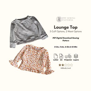 PDF SEWING PATTERN - Baby lounge top with flip over mittens, long sleeve shirt for baby sewing pattern for long sleeve baby top.