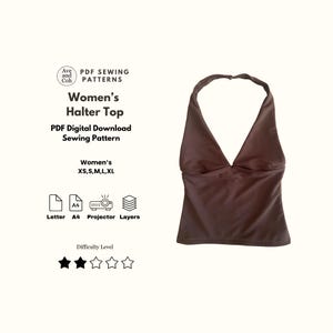 Puede incluir: Un top halter marrón con cuello en V profundo. La imagen también incluye el texto "Women's Halter Top" y "PDF Digital Download Sewing Pattern". El patrón está disponible en tallas XS, S, M, L y XL.