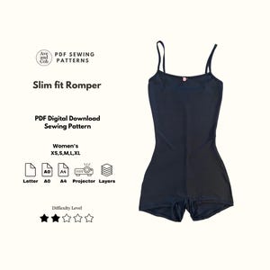 May include: A black slim-fit romper with spaghetti straps. The image includes text indicating it is a PDF digital download sewing pattern, with sizes XS, S, M, L, and XL. The difficulty level is indicated by two out of five stars.