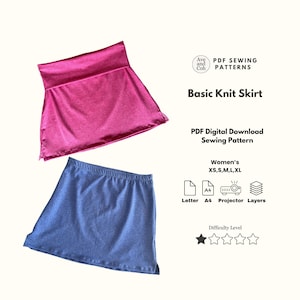 May include: Two knit skirts, one magenta and one blue, are displayed. The image includes text that reads "Basic Knit Skirt" and "PDF Digital Download Sewing Pattern." The pattern is available in sizes XS, S, M, L, and XL.