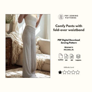 May include: A PDF sewing pattern for pants with a fold-over waistband. The text reads: Ave and Coh PDF SEWING PATTERNS, Comfy Pants with fold-over waistband, PDF Digital Download Sewing Pattern, XS,S,M,L,XL, Letter, A4, A0, Layers, Difficulty Level.