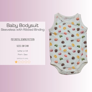 Könnte beinhalten: Ein weißer ärmelloser Baby-Body mit geripptem Bund. Der Body hat ein Muster aus bunten Macarons auf weißem Hintergrund. Der Text "Baby Bodysuit Sleeveless with Ribbed Binding" befindet sich oben im Bild. Der Text "PDF DIGITAL SEWING PATTERN" befindet sich unter dem Bild. Der Text "SIZES: OM-24M" befindet sich unter dem Text "PDF DIGITAL SEWING PATTERN". Der Text "Letter or A4" befindet sich unter dem Text "SIZES: OM-24M". Der Text "Print + Sew" befindet sich unter dem Text "Letter or A4". Der Text "DIFFICULTY LEVEL" befindet sich unter dem Text "Print + Sew". Unter dem Text "DIFFICULTY LEVEL" befinden sich fünf Sterne.