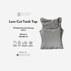 以下が含まれることがあります： グレーのリブ編みローカットタンクトップ。画像には「Low Cut Tank Top」と「PDF Digital Download Sewing Pattern」というテキストが含まれています。パターンはXS、S、M、L、XLのサイズで利用できます。