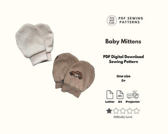 May include: Two pairs of baby mittens are shown. One pair is light beige, the other is brown with a car embroidery. The image text reads "Baby Mittens" and "PDF Digital Download Sewing Pattern".