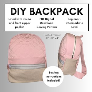 Könnte beinhalten: DIY-Rucksack-Nähmuster, PDF-Download. Das Muster enthält Anleitungen für einen rosafarbenen gesteppten Rucksack mit einer Reißverschlusstasche vorne. Das fertige Produkt misst 38 cm x 30 cm x 10 cm.