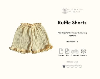 Ruffle Shorts PDF Sewing Pattern Diy summer outfit, summer shorts pattern baby toddler shorts pattern