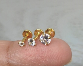 16G Very Tiny Gold CZ Stud Prong Monroe Stud ‣1.5mm-3mm CZ Stone ‣ Tragus Helix Cartilage Piercing ‣ Flat back labret ‣ Internally Threaded