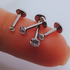16G 18G 20G Silver Tiny Push Pin CZ Piercing Threadless‣Monroe Labret Stud‣Tragus Helix Faith Cartilage‣1.5mm 2mm 2.5mm 3mm‣Flat back press
