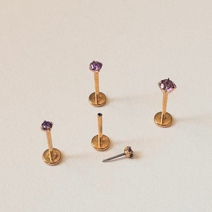 16G 18G 20G Tiny Purple CZ Push Pin Piercing Threadless‣Monroe Labret Stud ‣Tragus Helix Faith Cartilage‣2mm 2.5mm 3mm‣Flat back press