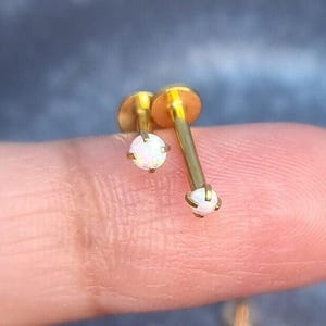 16G Silver‣White cultured Opal Stone Piercing‣2mm 2.5mm Labret Stud‣Tragus Helix Cartilage Daith Nose Piercing‣Internal thread Flat Back