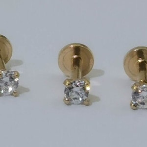 14k Gold Tiny CZ Internally Threaded Stud, 4mm, 5mm bar length,Monroe Piercing, Nose stud, Helix, Conch Tragus Cartilage Earring, Flat back