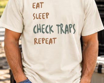 Camiseta "Comer, dormir, revisar trampas, repetir", camiseta de trampero, regalo para trampero