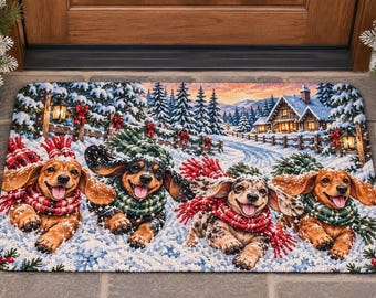 Felpudo de poliéster con diseño de perros salchicha navideños en un pueblo nevado
