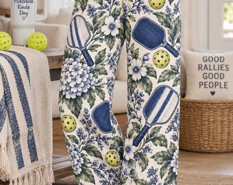 Vintage Floral Pickleball Pattern Women's Pajama Pants | Hydrangea Courtside Sleepwear