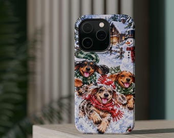 Funda magnética para teléfono con diseño de perros salchicha invernales y muñeco de nieve