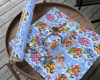 Papel de regalo con estampado de dinosaurio T-Rex nevado