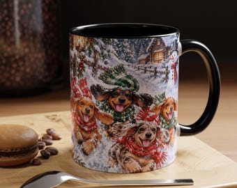 Taza de café con diseño de perros navideños y muñecos de nieve