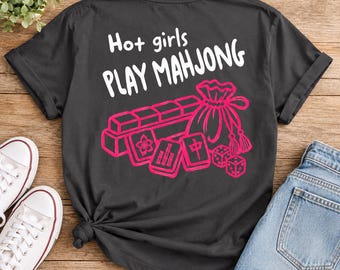 Hot Girls Play Mahjong T-Shirt, Pink Mahjong Tile and Fan Design