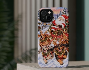 Funda para teléfono navideña con Papá Noel, renos y perros salchicha