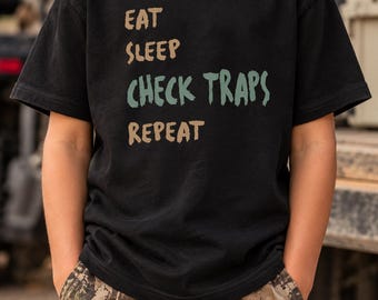 Camiseta "Comer, dormir, revisar, trampas, repetir", camiseta juvenil para cazadores.