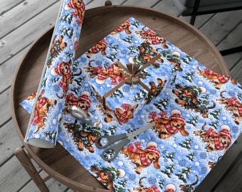 Papel de regalo con estampado de perro salchicha nevado