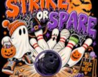 May include: A graphic design featuring the text STRIKE OR SPARE with a ghost wearing an orange beanie, a black bowling ball, and bowling pins decorated as mummies and jack-o'-lanterns. A trick or treat bag and candy are scattered below.
